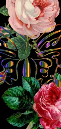 This live wallpaper features a bold and vibrant digital rendering of roses and butterflies on a black background