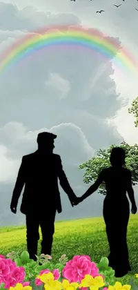 This stunning live wallpaper features a colorized photo of a man and woman holding hands in a field of flowers