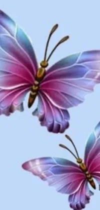 Looking for a stunning live wallpaper to beautify your phone? Check out this popular design featuring three purple and blue butterflies gracefully fluttering against a serene blue backdrop