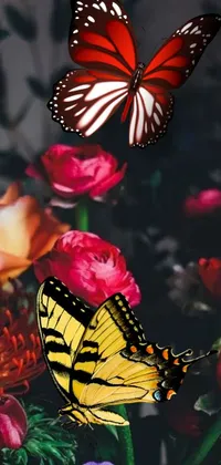 Get lost in the romantic beauty of this live phone wallpaper featuring a fluttering butterfly over a bunch of colorful flowers