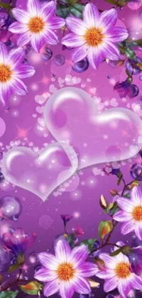 This live phone wallpaper features a stunning image of two hearts surrounded by vibrant flowers set against a purple background