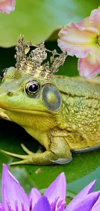 Add a majestic touch to your phone with this live wallpaper featuring a frog in a crown sitting on a leaf