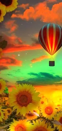 Looking for a live phone wallpaper that brings joy and relaxation? Feast your eyes on this delightful digital art! Featuring a hot air balloon soaring above a field of sunflowers, and set against a gorgeous sunset background, this colorful and intricate piece is sure to catch anyone's attention
