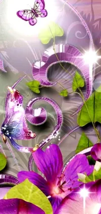 This phone live wallpaper showcases a beautiful digital art piece of purple flowers and a butterfly