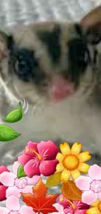 This live phone wallpaper flaunts a sugar glider surrounded by colorful flowers and leaves, giving a taste of nature's beauty with cuteness