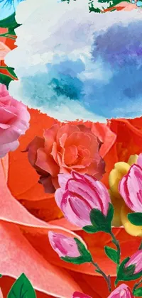 This stunning phone live wallpaper features a digital painting of vibrant flowers against a serene blue sky