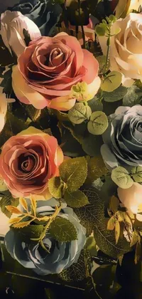 This phone live wallpaper boasts a detailed and colorful close-up of a stunning bouquet of decorative roses on a table