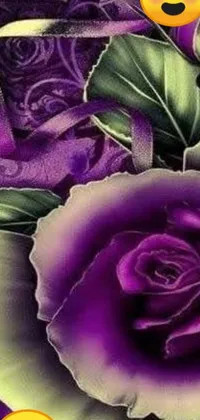 This live wallpaper features a beautiful array of purple flowers adorned with emoticons on a backdrop of green and purple leaves