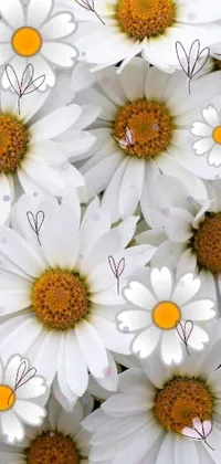 This mobile live wallpaper is a delightful and dreamy depiction of a cluster of white flowers with yellow centers set against an enchanting background of fairy circles