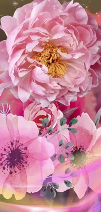 This live phone wallpaper depicts a vase filled with pink flowers on a table