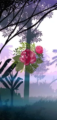 This live phone wallpaper features a stunning digital painting of flowers on a lush green field in a tropical forest