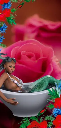 This phone wallpaper showcases a beautiful black woman relaxing in a bathtub adorned with colorful flowers