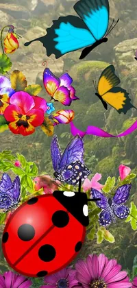 Introducing a stunning phone live wallpaper, featuring a delightful ladybug surrounded by a colorful garden of flowers and butterflies