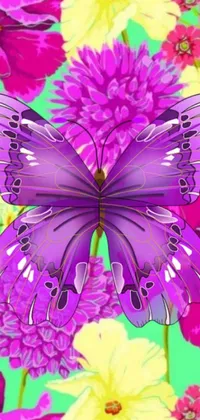 Enliven your phone screen with this mesmerizing live wallpaper featuring a vividly colored butterfly perched on a bed of purple flowers