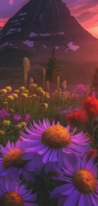 This live phone wallpaper features digital art of a beautiful flower field with a mountain backdrop