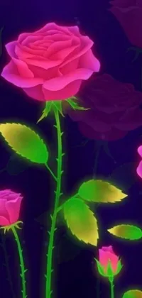 This phone live wallpaper features pink roses in a psychedelic black light style with glowing animation