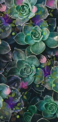 This phone live wallpaper features a close-up of green plants, inspired by panfuturism and lime and violet color schemes