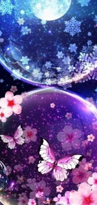 This mesmerizing digital art live wallpaper features blooming flowers and fluttering butterflies in two bubbles