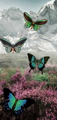 This vibrant phone live wallpaper showcases a surreal scene of colorful butterflies hovering over a field of flowers