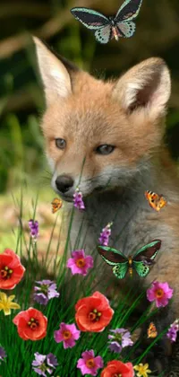 This live phone wallpaper shows a cute baby fox surrounded by a colorful garden of flowers and fluttering butterflies