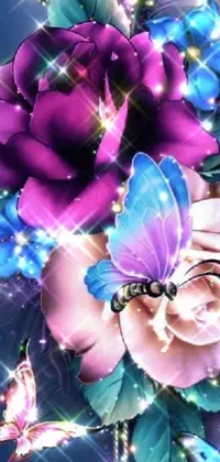 This mesmerizing phone live wallpaper showcases an exquisite close-up of colorful flowers and fluttering butterflies set against an enchanting blue backdrop
