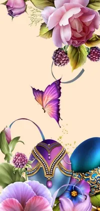 This phone live wallpaper showcases a stunning easter egg surrounded by vibrant flowers and fluttering butterflies
