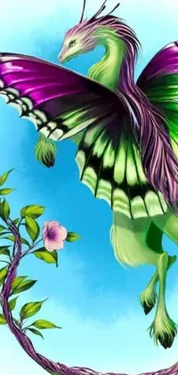 Looking for a phone live wallpaper that will transport you to a mystical fantasy land? Look no further than this stunning airbrushed painting featuring a green and purple dragon perched atop a blooming tree branch