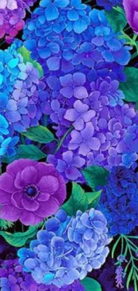 This phone live wallpaper features a beautiful display of purple and blue hydrangea flowers set against a soothing purple background