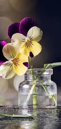 This phone live wallpaper features a photorealistic close-up of a vase filled with purple and yellow flowers