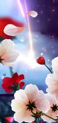 This stunning phone live wallpaper showcases a bunch of beautiful flowers in the air set against a digital art background