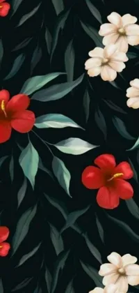This phone live wallpaper features a stunning pattern of red and white flowers set against a black background