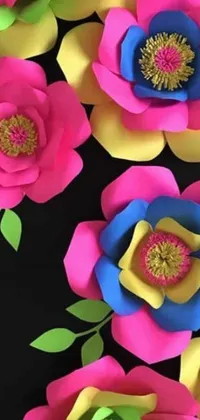 This lively phone live wallpaper features a vibrant collection of paper flowers rendered in digital art