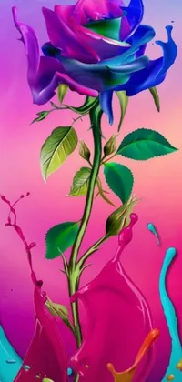 This stunning phone live wallpaper features an elegant rose with a splash of paint in vibrant blue and pink colors