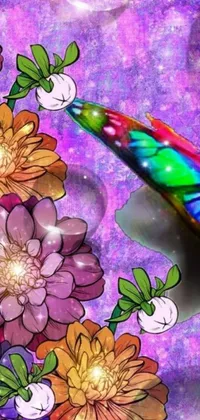 This phone live wallpaper showcases a colorful bird in flight above a bunch of vibrant flowers set against a surreal airbrush painting