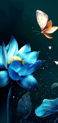 This trendy live wallpaper for your phone features a digital art blue flower with a butterfly flying over it, set gracefully upon a lotus