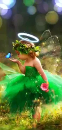 This phone live wallpaper features a delightful work of fantasy art depicting a little girl in a green dress holding a butterfly