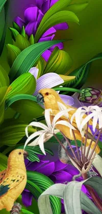 This phone live wallpaper showcases a pair of birds perched on a tree branch against a background of tropical flowers