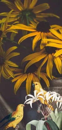 This beautiful live wallpaper features a stunning still life painting of sunflowers, a bird, and a watering can on a delicate flannel flower background
