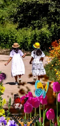 This live wallpaper showcases a delightful image of two little girls walking through a colorful botanical garden filled with vivid flowers and flitting butterflies