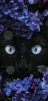 Get ready for this stunning live wallpaper that features an impressive close-up of a black cat amidst a bed of purple flowers