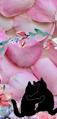 This stunning phone live wallpaper depicts a beautiful black cat perched over a bed of vibrant flowers