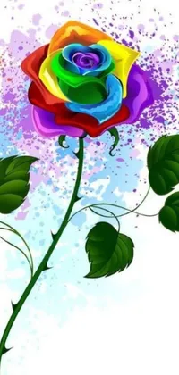 This phone live wallpaper features a rainbow rose with leaves on a white background, designed in bright and vivid vector art