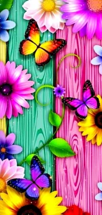 This phone live wallpaper boasts a stunning design, featuring vibrant flowers and colorful butterflies set against a charming wooden backdrop