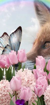 This stunning phone live wallpaper features a pink fox amidst a field of flowers with a beautiful rainbow in the background