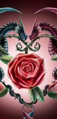 This live wallpaper for your phone features a stunning design of a dragon and rose in the shape of a heart by Anne Stokes
