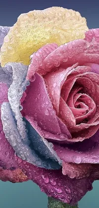 This mobile wallpaper features the hyperrealistic close-up of a pastel rose with water droplets on the petals