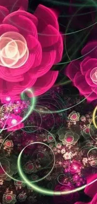 This stunning phone live wallpaper boasts a digital art design with pink roses and a lush green field