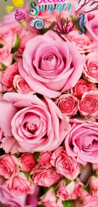 This live phone wallpaper features a beautiful bouquet of pink roses on a table, set against a background of fields full of pink flowers