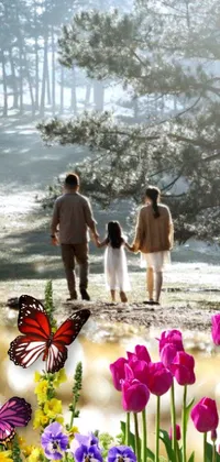 Looking for a gorgeous live wallpaper for your phone? Look no further than this stunning design, featuring a family enjoying a leisurely stroll through a field of colorful flowers