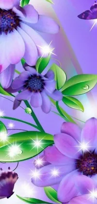 This live phone wallpaper is a visual treat with its vibrant purple flowers and fluttering butterflies set against a stunning rainbow background